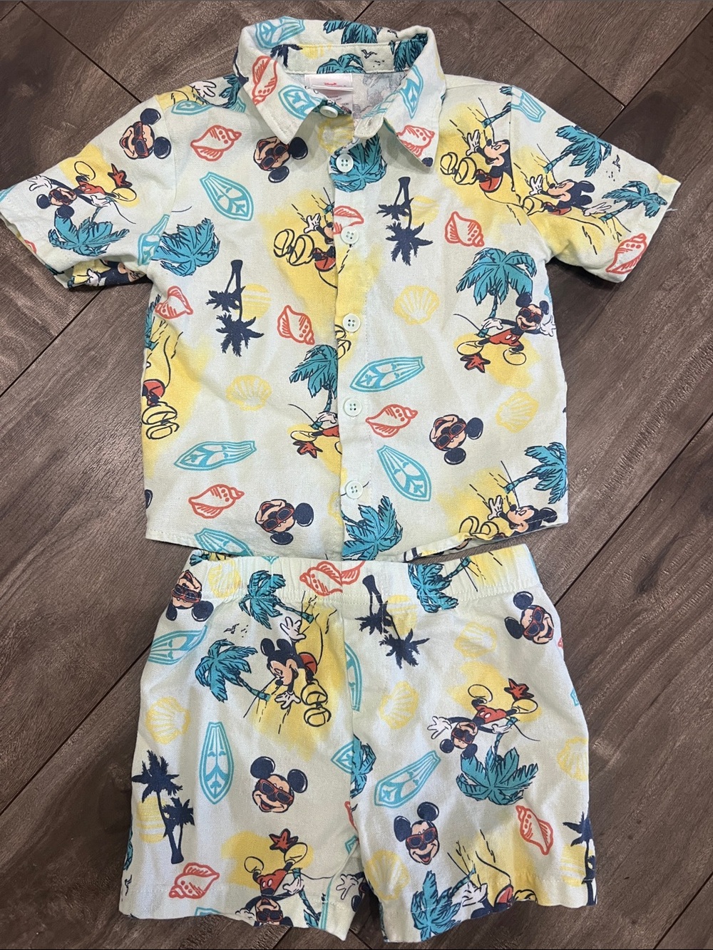 Disney Short-Sleeve Button-Down Set with Yellow, Blue & Red Print